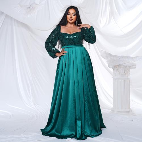 Sequin & Spandex & Polyester Plus Size Long Evening Dress large hem design floral green PC