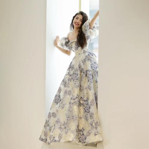 Polyester Off Shoulder & Plus Size Long Evening Dress floral PC