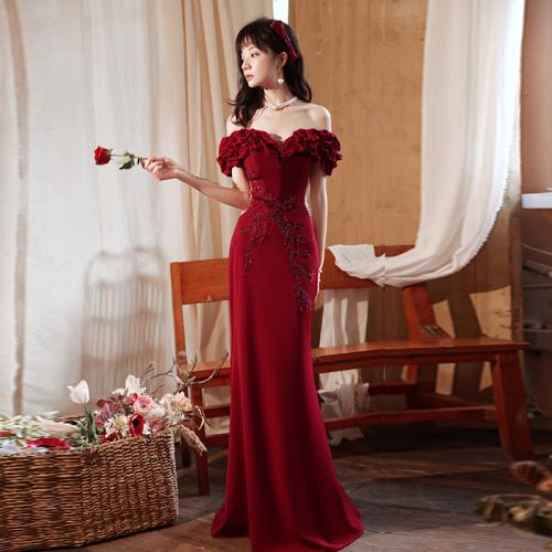 Polyester Off Shoulder & Mermaid Bridal Evening Dress  red PC