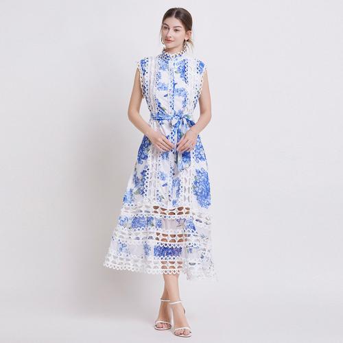 Polyester Waist-controlled One-piece Dress & hollow & breathable printed blue PC