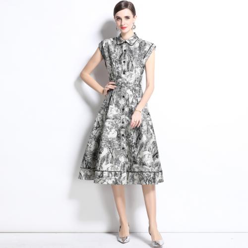 Polyester Waist-controlled & Soft One-piece Dress large hem design printed gray PC