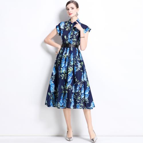 Polyester Waist-controlled One-piece Dress & mid-calf & breathable printed blue PC