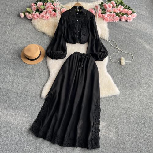 Retro Elegant Hollow Lace Stitching Lantern Sleeve Shirt Women's High Waist Split Skirt suit