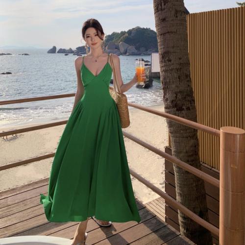 Seaside Vacation Cross Strap Backless Dress French Style Long Spring V-neck dress