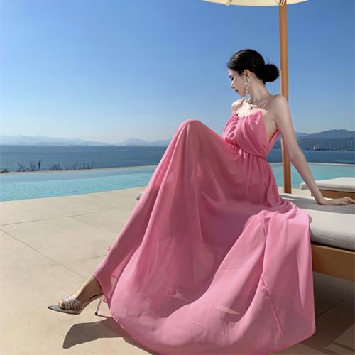 Pink Sling dress Women's Summer Seaside Beach Dress Split Long Dress