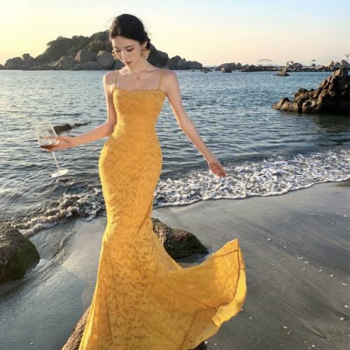 French Seaside Vacation Lace Floating Jacquard Long Fishtail dress