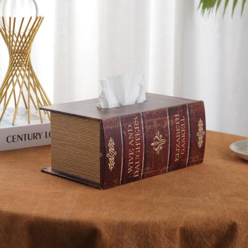 Retro Book Shape Tissue Box Home Wooden Leather Tissue Storage Box