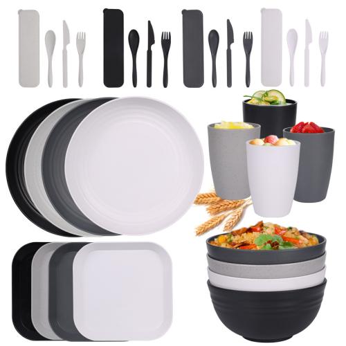 Wheat Straw Black Grey Bowl Cup Tableware Knife Fork and Spoon Portable Outdoor Set