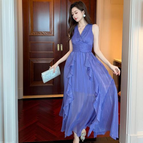 New women's French V-neck elegant waist ruffled design chiffon dress