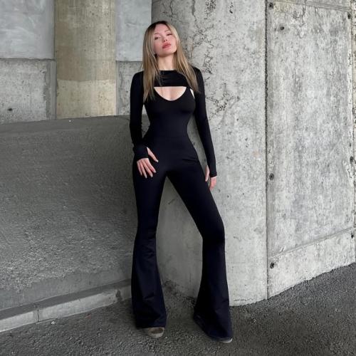 Women's Fashion Solid Color Long Sleeve Tight Strap Hip Jumpsuit Two-piece Set