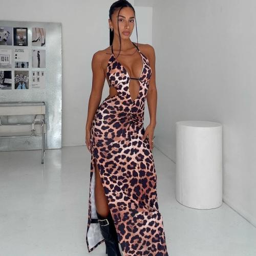 New Women's Fashion Sexy Leopard Print Lace-up Backless High Waist Split dress