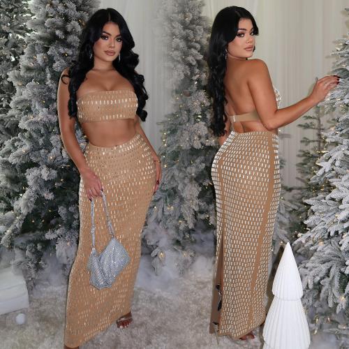 Fashion Women's Sexy Strapless Rhinestone Hip Dress Two-piece Set