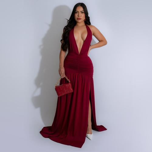 Fashion Women's Sexy Hanging Neck Deep V-neck Split dress