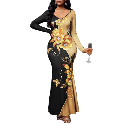 3D digital printing long sleeve V-neck sexy slim dress evening dress