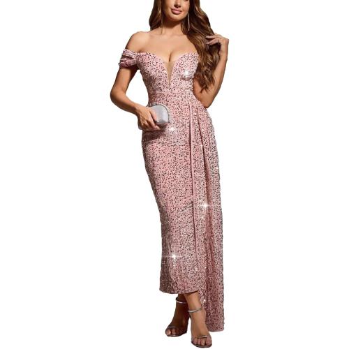 New Women's Elegant Sexy Sequin off-shoulder Solid Color Sleeveless dress