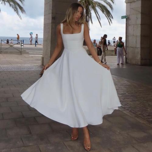 Summer New Solid Color Square Collar Sleeveless Sling Long Fashion Slip dress