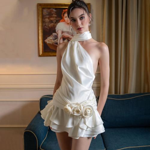 Women's new sexy French style high-end off-shoulder satin backless dress