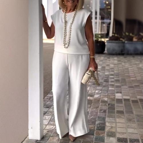 Women's Solid Color Round Neck Sleeveless Top and Pants suit