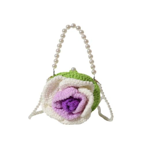 Finished New Contrast Color Flower Wool Bag Pearl Chain Portable Shoulder Bag