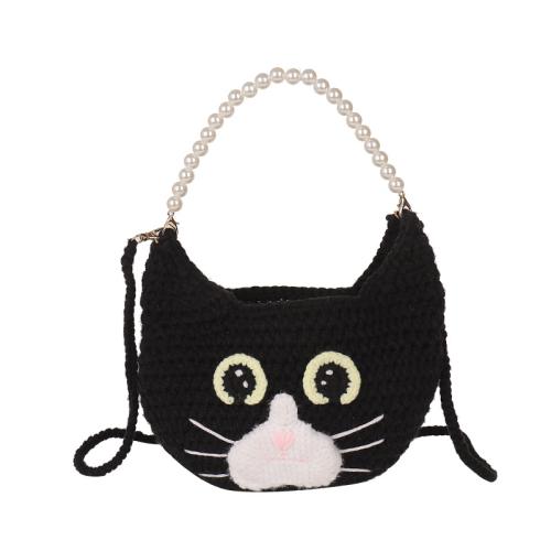 Finished Cute Cat Wool Crocheted Bag Pearl Chain Portable Women's Bag