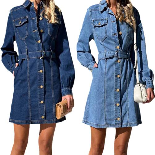 Fashion Casual Button Lace-up Slim Long Sleeve Denim Dress