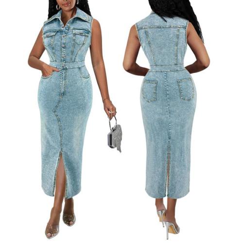 Plus Size Women's Denim Sleeveless Slit Lapel Dress