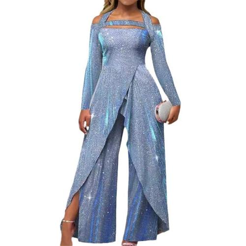 Polyester Long Jumpsuit,  Pailletten, Patchwork, Solide, himmelblau,  Stück