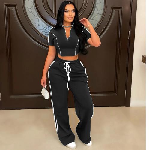 Fashion Casual Two-piece Set Women's Zipper Short-sleeved Short Top with Loose Pants