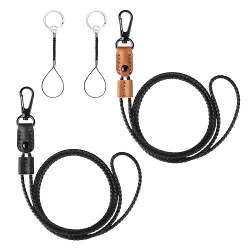 Classic Handmade Black Brown Pu Leather Lanyard Adjustable Keychain Card Holder