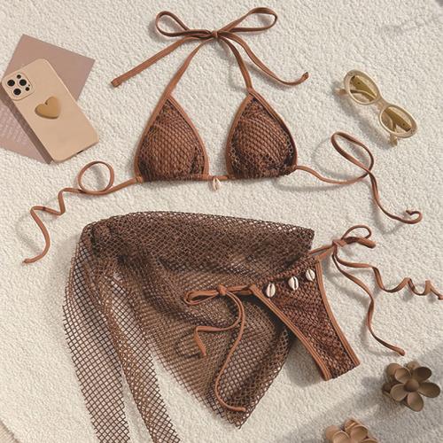 Polyester Bikini & three piece & hollow brown Set