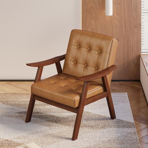 Waxed Leather & Solid Wood & Cotton Linen Casual House Chair PC