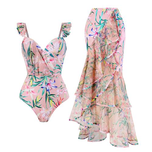 Polyester One-piece Swimsuit & skinny style Set