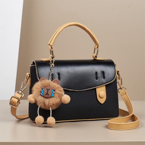 PU Leather Concise Handbag with hanging ornament & contrast color & attached with hanging strap Solid PC