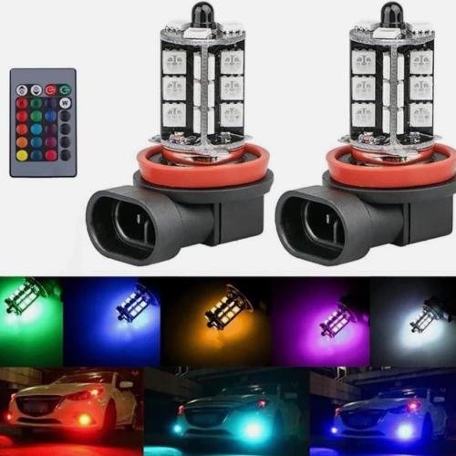 Pair H11 H8 RGB Colourchange LED fog light bulbs remote control 12v headlight