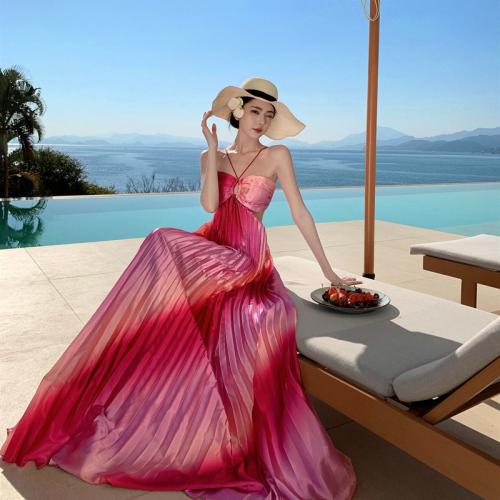 Polyester Slim Slip Dress backless pink PC