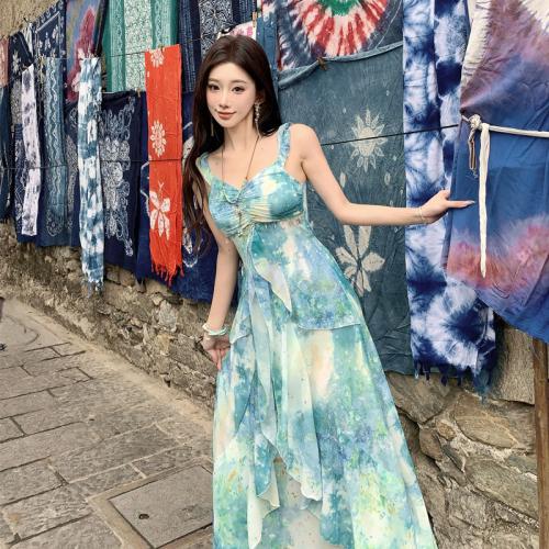 Polyester Slim Slip Dress backless printed blue PC