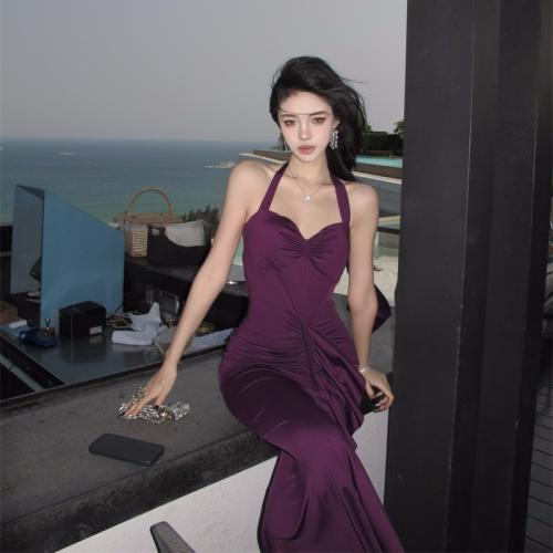 Polyester Slim Slip Dress backless purple PC