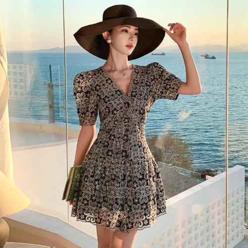 Polyester One-piece Dress backless & hollow embroider black PC