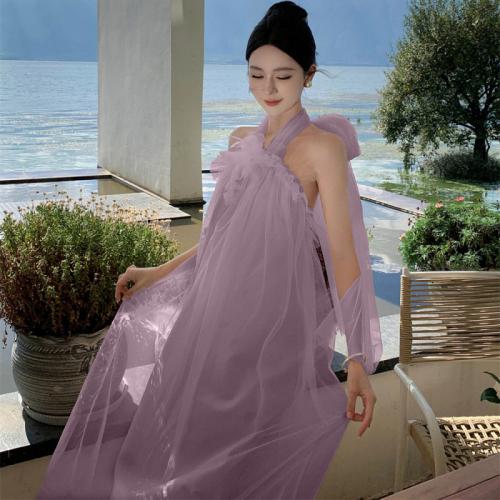 Polyester Slim Slip Dress backless purple PC