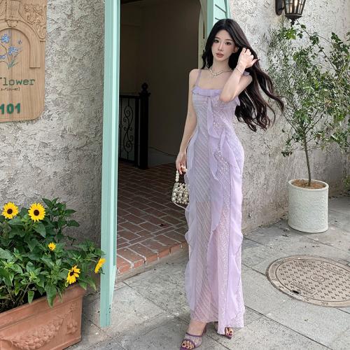 Polyester Slim Slip Dress backless Sequin purple PC