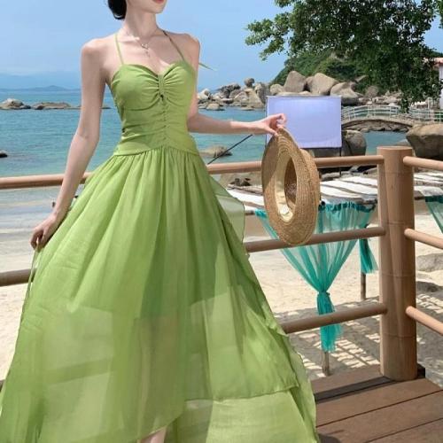 Polyester Slim Slip Dress backless green PC