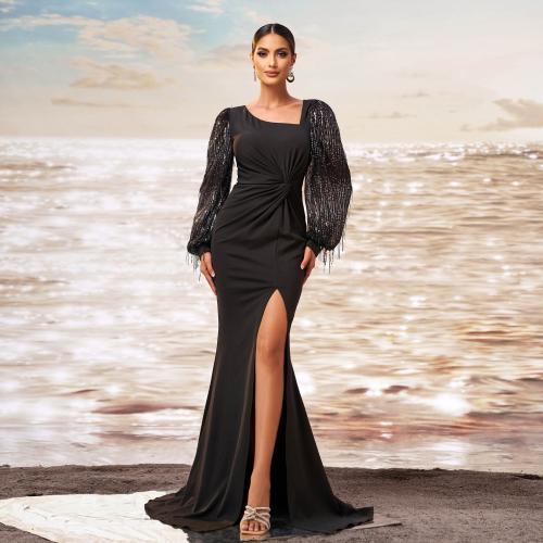 Polyester Long Evening Dress side slit Sequin black PC