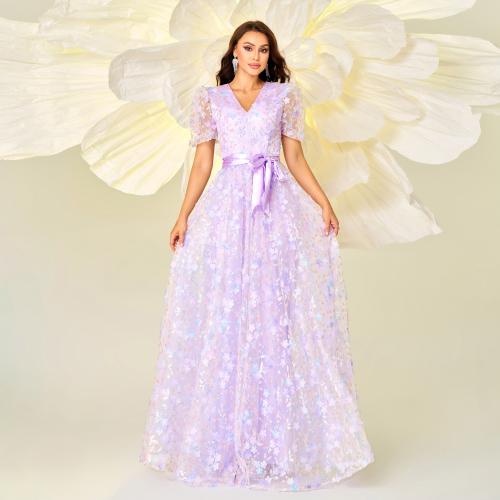 Polyester Waist-controlled Long Evening Dress large hem design purple PC