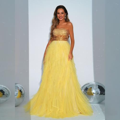 Polyester Long Evening Dress large hem design & tube Sequin yellow PC