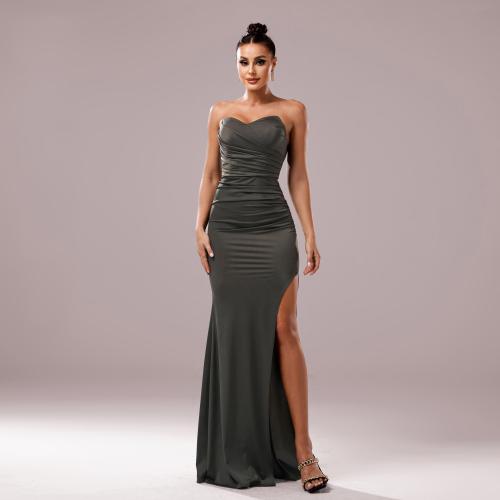 Polyester Long Evening Dress side slit & tube green PC