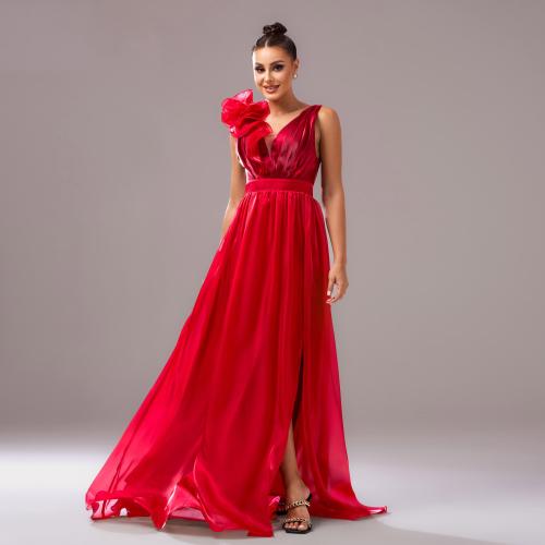 Polyester Long Evening Dress side slit red PC