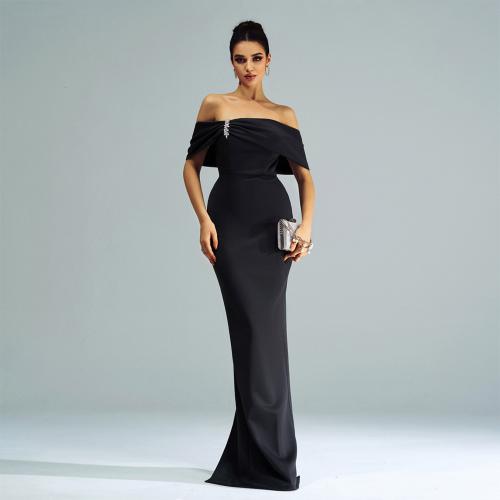 Polyester Off Shoulder & Mermaid Long Evening Dress back split black PC