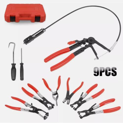 9PC Hose Clamp Pliers Kit Long Reach Car Water Fuel Oil Locking Removal Tool Set