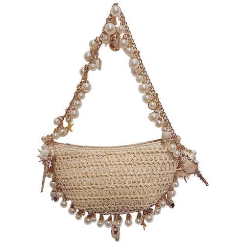 Straw Easy Matching Woven Shoulder Bag Plastic Pearl khaki PC