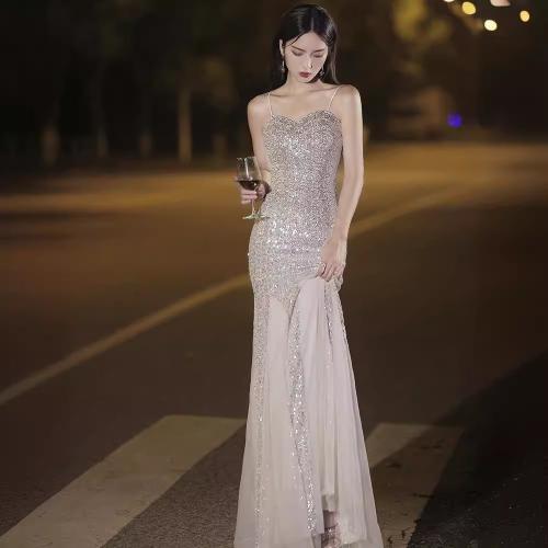 Spandex & Polyester Mermaid Long Evening Dress backless Sequin patchwork Solid PC